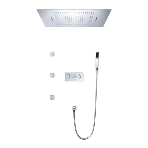 Top Shelf Thermostatic Rainfall Shower Setup With LED Wall Mount Handle And Dual Spray Handheld Copper Core Stainless Steel Ceiling Head, silver finish.
