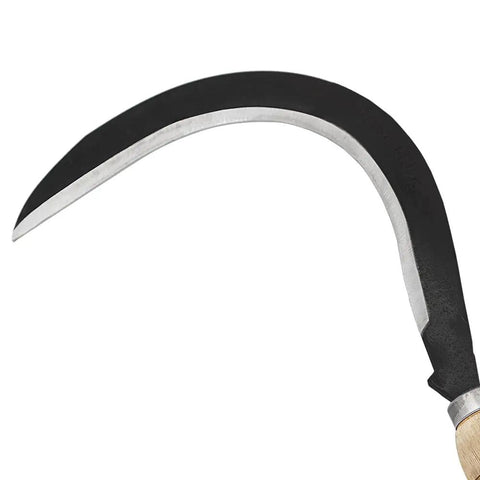 Curved Weeding Harvest Scythe With 13 Inch Carbon Steel Blade And Beige Handle For Clearing Tall Weeds And Soft Brush, Extended Reach