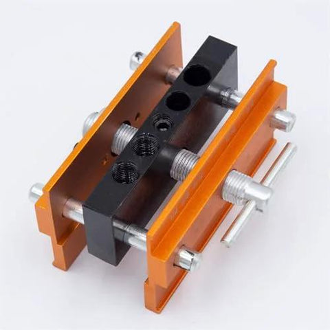 Adjustable Doweling Jig Kit For Straight Holes With Six Drill Guide Bushings Pro Grade Biscuit Joiner Set in orange and black