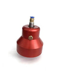 Waterjet dump valve AS JOD100, red anodized aluminum body with blue top cap and brass inlet, front view