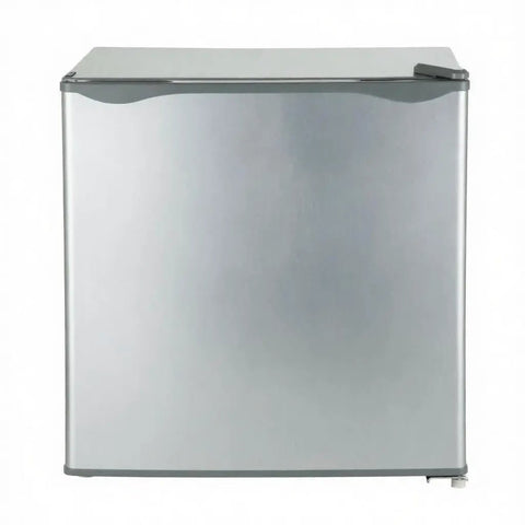 1.1 Cu Ft Compact Mini Freezer Solid Upright Build with silver finish front view, perfect for tight dorm rooms or offices.