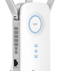 Side view of AC1900 Dual Band WiFi Range Extender Amps Up Your Home Network With Gigabit Ethernet Port, visible antennas and Ethernet port.