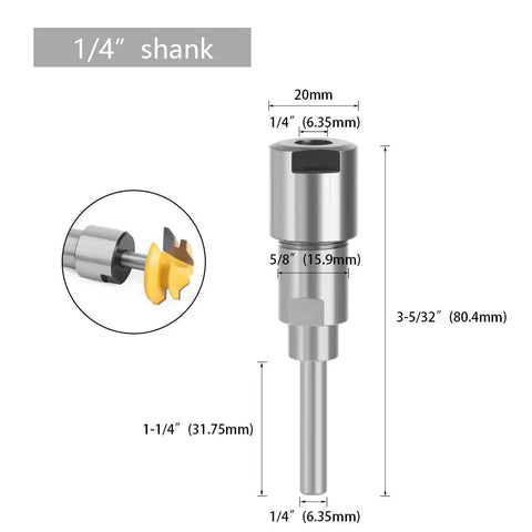 Router Bit Extension Rod Converter Adapter for Woodworking Tools, 1/4 inch shank, shown with measurement details.