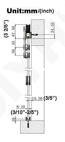 Diagram showing installation details of 12 Ft Stainless Steel Glass Double Bi Partition Sliding Barn Door Hardware Kit Heavy Duty.