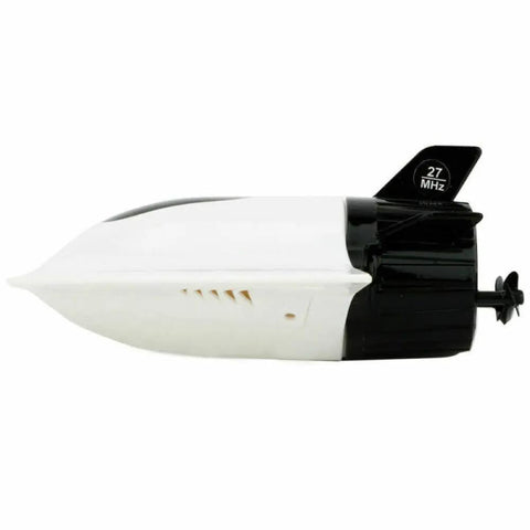 Rad RC Micro Submarine Toy For Pool Or Bath, waterproof remote control white U-Boat sub, side view showing tail fin and propeller