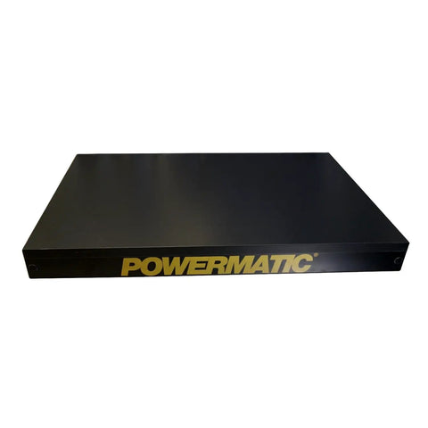 27 By 17 Inch Wood Extension Table For 64A And 64B Table Saws With Duramine Surface For Smooth Workpiece Travel Made In USA And Backed By A One Year Warranty, showing front view with Powermatic branding.