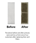 Before and after comparison of Floor Vent Register Filters 4x12 Inch Breath Easy Everyday With 90 Day Filtration Polyester Material.