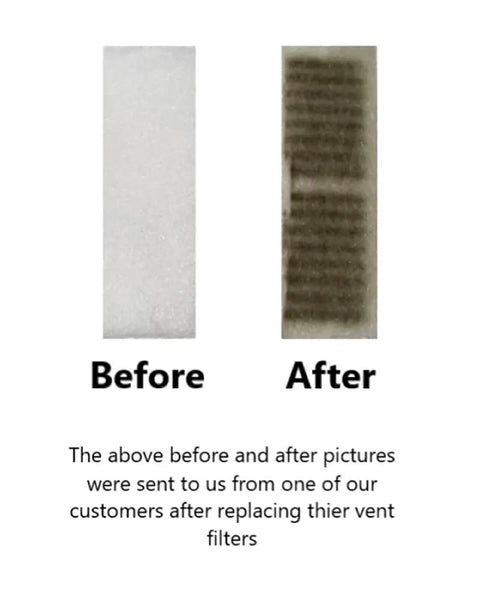 Before and after comparison of Floor Vent Register Filters 4x12 Inch Breath Easy Everyday With 90 Day Filtration Polyester Material.