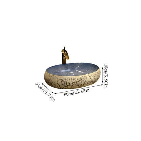 Bathroom Sinks Bathroom Vessel Sink Carved Lotus Art Countertop Basin Oval Ceramic Washbasin with Faucet 60cm x 40cm dimensions.