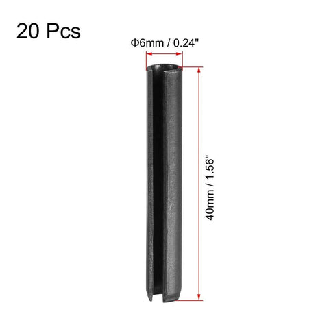 20-Piece Slotted Spring Pin Set 6mm By 40mm 65Mn Plain Finish showing dimensions 6mm diameter and 40mm length.