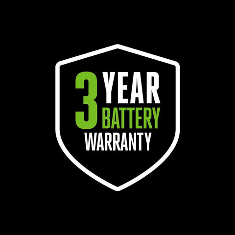 3 year battery warranty badge in black and green, highlighting reliability for Bulletproof 56V Replacement Lithium Ion Battery.