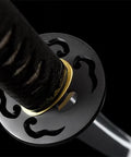 Close-up of iron tsuba on 1095 Steel Japanese Odachi Long Sword With Iron Tsuba, Full Tang, Badass Battle Ready Sharp Edge