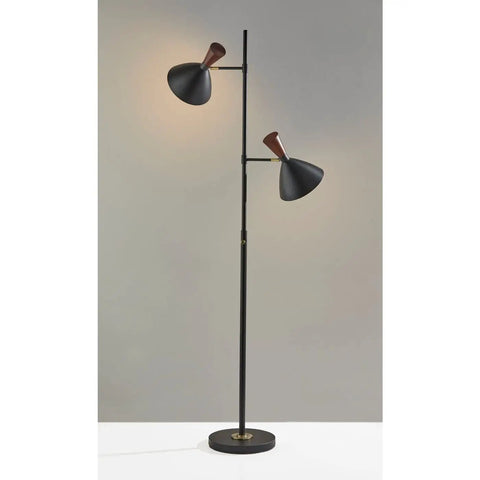 Arlo Tree Floor Lamp With Dual Shades, 67.25 Inch Tall, 2 x 60W Max, Black Finish, Modern Mid Century Style, standing on white floor