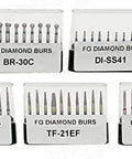 Killer Performance 50 Pc Diamond Burs FG Shank Dental Bits With Natural Diamond Coating in five labeled storage containers.