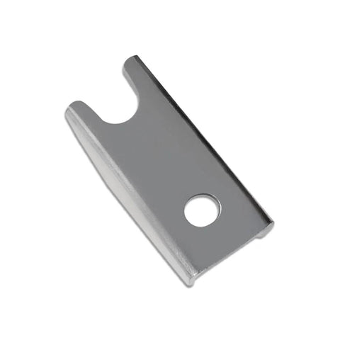 Front-angle view of silver metal universal linear actuator mounting bracket with a single mounting hole.
