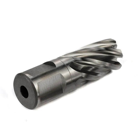 Side view of 3/4 in annular cutter with Weldon shank, 3/4 in diameter, 1 inch depth of cut, center pilot hole