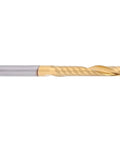 Five Piece Spiral End Mills Set, Single Flute HSS 4x28x50mm With Coating, showing one bit with gold finish for CNC milling machines.