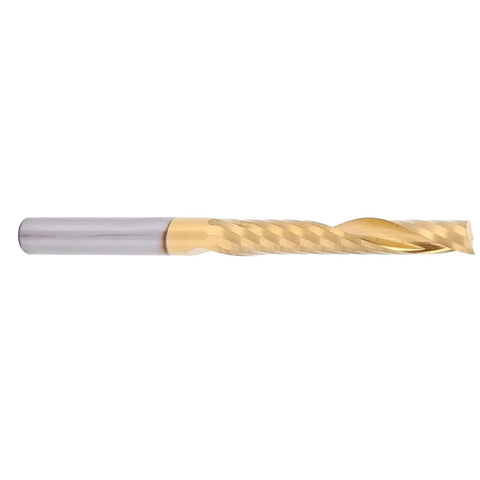 Five Piece Spiral End Mills Set, Single Flute HSS 4x28x50mm With Coating, showing one bit with gold finish for CNC milling machines.