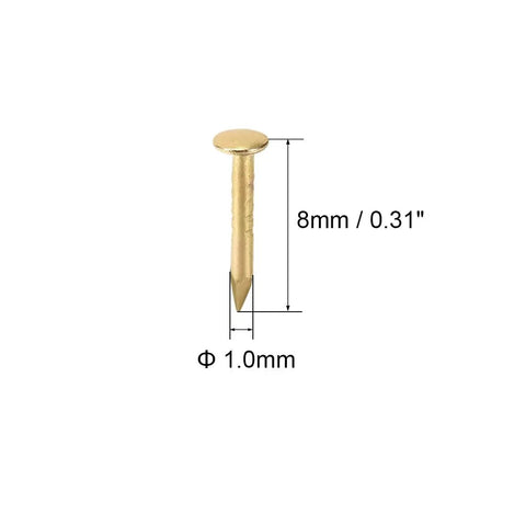 Slick Gold Plated Carbon Steel Mini Nails 1X8MM, 8mm size, ideal for DIY woodcraft and tiny box projects.