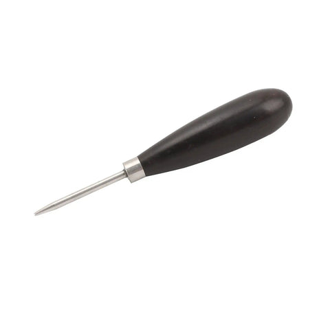 Racquet Stringing Straight Awl For Badminton And Tennis Rackets With Wooden Handle And Stainless Steel Tip Comfortable Grip Portable Hand Tool For Wire Threading And Safer More Precise Stringing. black-handled awl with steel tip on white background