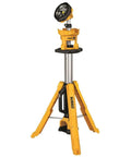 Yellow 20V Max LED Work Light with Telescoping Tripod Stand, 3000 Lumens, showcasing adjustable height and rugged build on jobsite.
