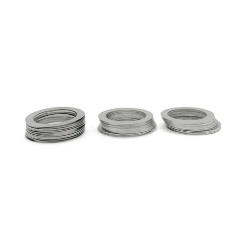 Straight Up Boss Grade 304 Stainless Steel Shim Washers Ultra Thin Flat Spacers M3 Through M15 stacked display for axle bearing adjustment.