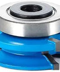 Carbide Tipped 3-Wing Roman Ogee Stile And Rail Router Bit in blue, 2-13/32 inch diameter, 1 inch cutting height, side view.