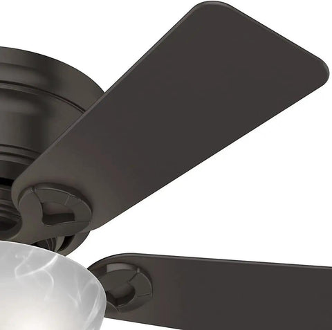 Close-up of 42 Inch Haskell Premier Bronze Low Profile Ceiling Fan With LED Light Kit And Pull Chain Whisper Wind Multi Speed Motor.