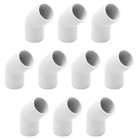 Set of ten Two Way 45 Degree PVC Elbow Fittings for DIY frames and structures with half inch Schedule 40 furniture grade connectors.