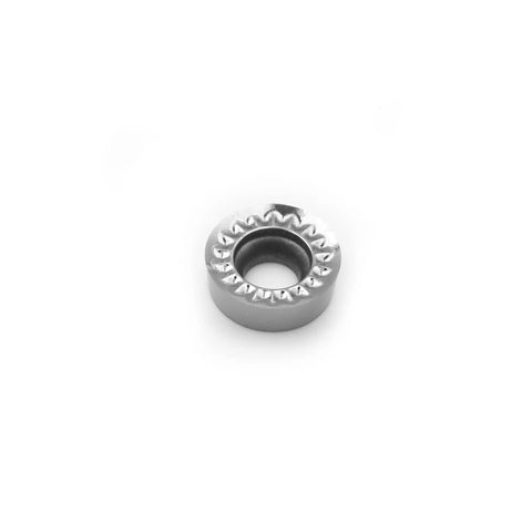Front view of a silver aluminum round turning insert with serrated inner edge and central hole for SGCR/SRDCN tool holders.