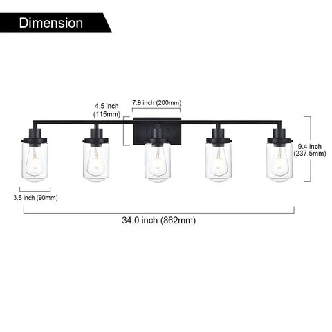 Dimensions of 5-Light Vanity Lights Matte Black Finish, Farmhouse Industrial Wall Sconce With Clear Glass Shades