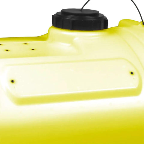 Close-up of 40 Gallon Yellow Sprayer Tank With Translucent Body Farm-Ready showing 6 inch lid with tether
