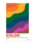 Seven Art Classroom Posters Set for Decor and Learning, Line, Shape, Color, Form, Value, Texture, Space, 12 by 18 Inches poster showcasing color with abstract wavy stripes, satin finish.