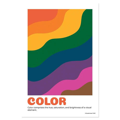 Seven Art Classroom Posters Set for Decor and Learning, Line, Shape, Color, Form, Value, Texture, Space, 12 by 18 Inches poster showcasing color with abstract wavy stripes, satin finish.