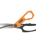 Klein Tools B2109 heavy-duty multipurpose scissors, side view, orange and black handles, 9-inch stainless steel blades.