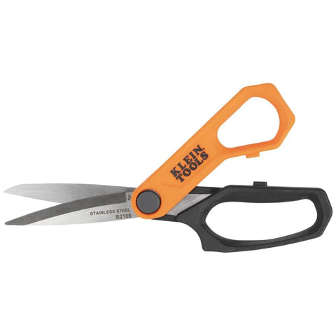 Klein Tools B2109 heavy-duty multipurpose scissors, side view, orange and black handles, 9-inch stainless steel blades.