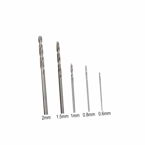 Five drill bits of varying sizes for the 50 Piece Drill Bit Set For Wood Plastic Aluminum And Steel With PCB Shank Kit Perfect For DIY Enthusiasts.