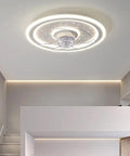 Modern Ceiling Fan With Light Featuring Ultra Silent Invisible Blades Stepless Dimming Switch Adjustable Airflow smooth operation in a stylish bedroom.