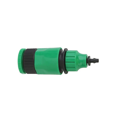 One Way Quick Hose Fittings Connector Kit Fits G1/2 And G3/4 Inch Hoses 1/4 And 3/8 Inch Adapters 50 Piece Garden Irrigation Set For Sprinklers Nozzles And Watering Tools IT121 Great For All Weather Use And Easy Installation. Green plastic hose connector with black grip and 4/7 mm adapter.