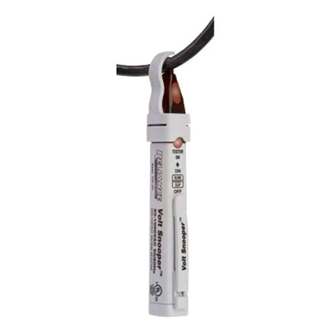 Hella Reliable Non Contact Voltage Detector For Catching Hot Wires Fast With Loud Audio Alert And Bright LED Indicator No Sweat DIY Electrical Safety Tool Featuring Pocket Slide Clip White Finish showing testing hot wire with LED alert.