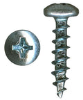 Close-up of a zinc-plated #6 x 1/2 inch Phillips pan head wood screw, ideal for particle board, MDF, and plastic composites fastening.