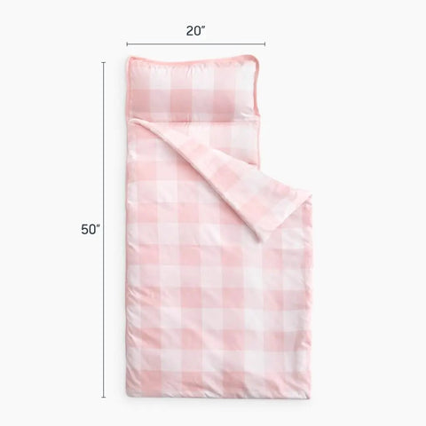 All In One Nap Mat For Kids With Pillow And Blanket Roll Up Sleeping Bag In Gingham Plaid Grid Light Pink And White Cozy Kiddo