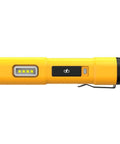 Side view of USB-C Rechargeable LED Flashlight With Magnetic Jobsite Light, 1000 Lumens Of Boss Level Brightness, yellow with belt clip.
