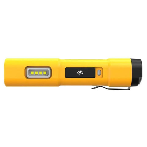 Side view of USB-C Rechargeable LED Flashlight With Magnetic Jobsite Light, 1000 Lumens Of Boss Level Brightness, yellow with belt clip.