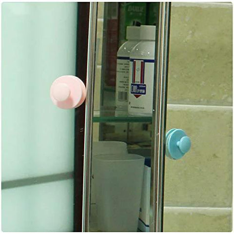 Self-Stick Drawer Knobs And Pull Handles Set 10 Pcs White Plastic ABS on glass cabinet door, pink and blue knobs visible