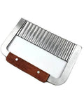 Crinkle-cut slicer with stainless steel blade and wooden handle; front view for potatoes and vegetables.