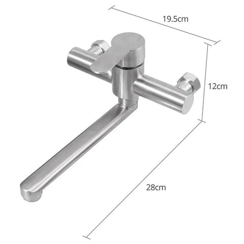 360° Rotatable Wall-Mounted inless Steel Kitchen Faucet - Single Handle Mixer Tap for Sink a and Cooking - Modern Design with dimensions.