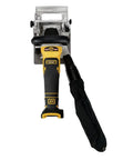 Top view of 20V Max XR Brushless Biscuit Joiner Tool Only with dual rack and pinion fence, showing handle and dust bag attached.