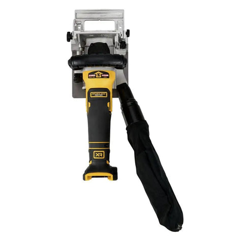 Top view of 20V Max XR Brushless Biscuit Joiner Tool Only with dual rack and pinion fence, showing handle and dust bag attached.