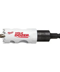 Milwaukee Hole Dozer hole saw with white outer shell and black arbor, front view